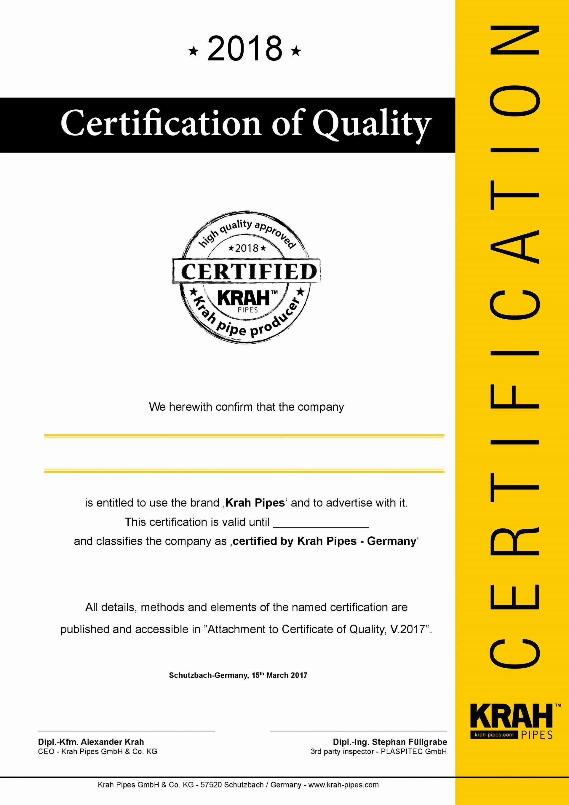 The Krah Pipe Certification of Quality and Origin